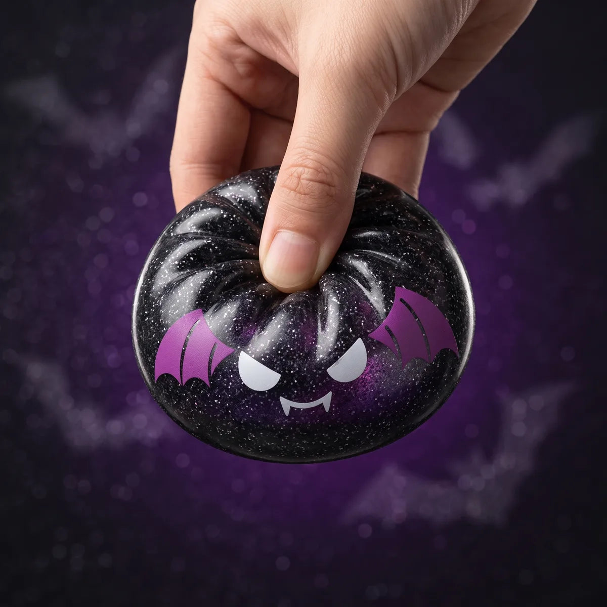 Squishy Dumpling Chauve-souris noire pailletée — Halloween — pressé, reprise lente de la forme