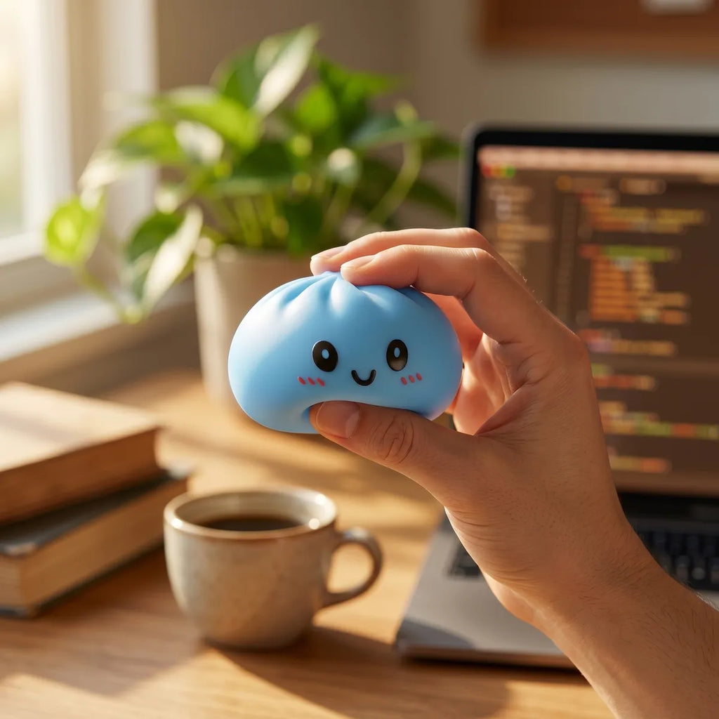 Squishy Dumpling Bleu Océan — posé sur un bureau