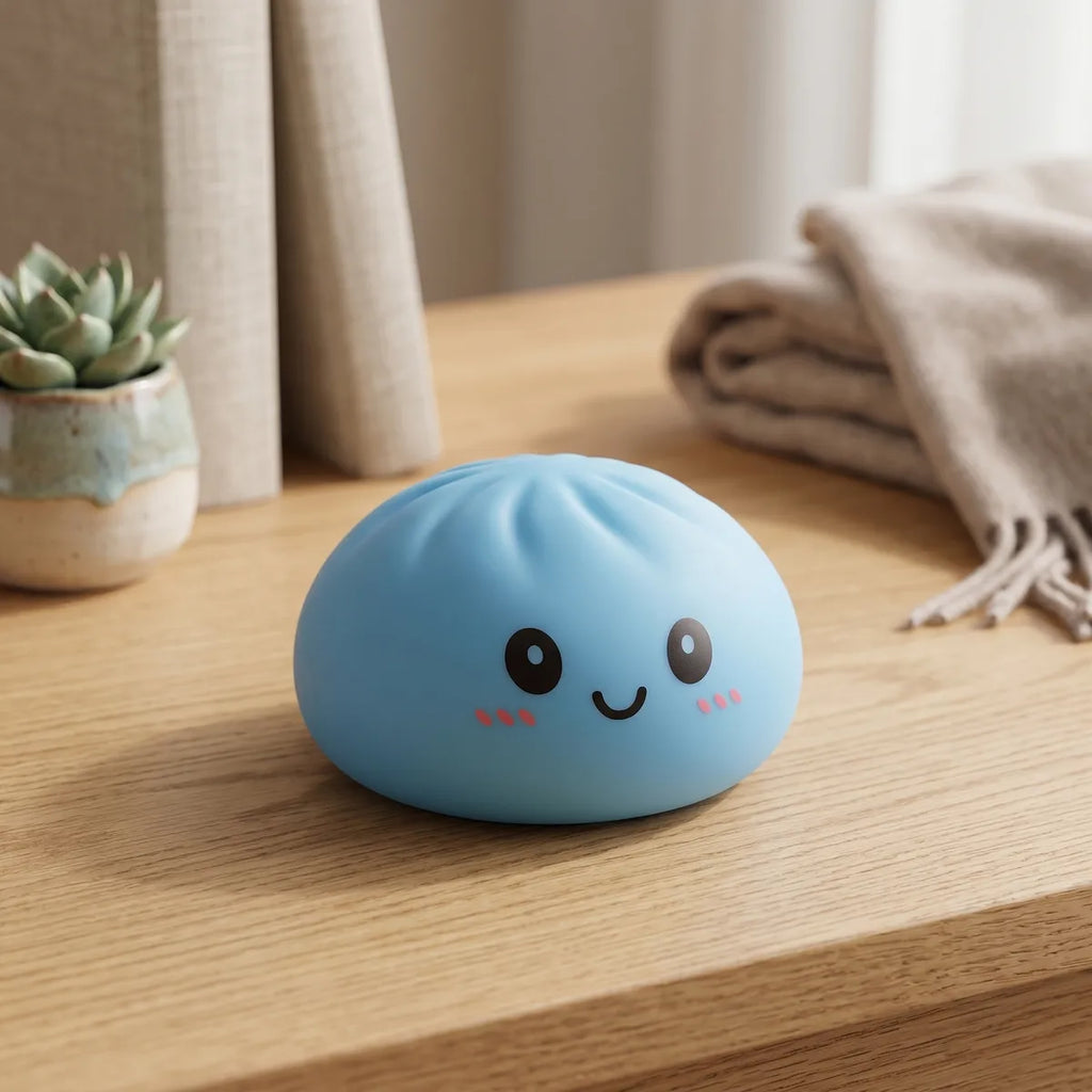 Squishy Dumpling Bleu Océan — dans son panier vapeur en bambou