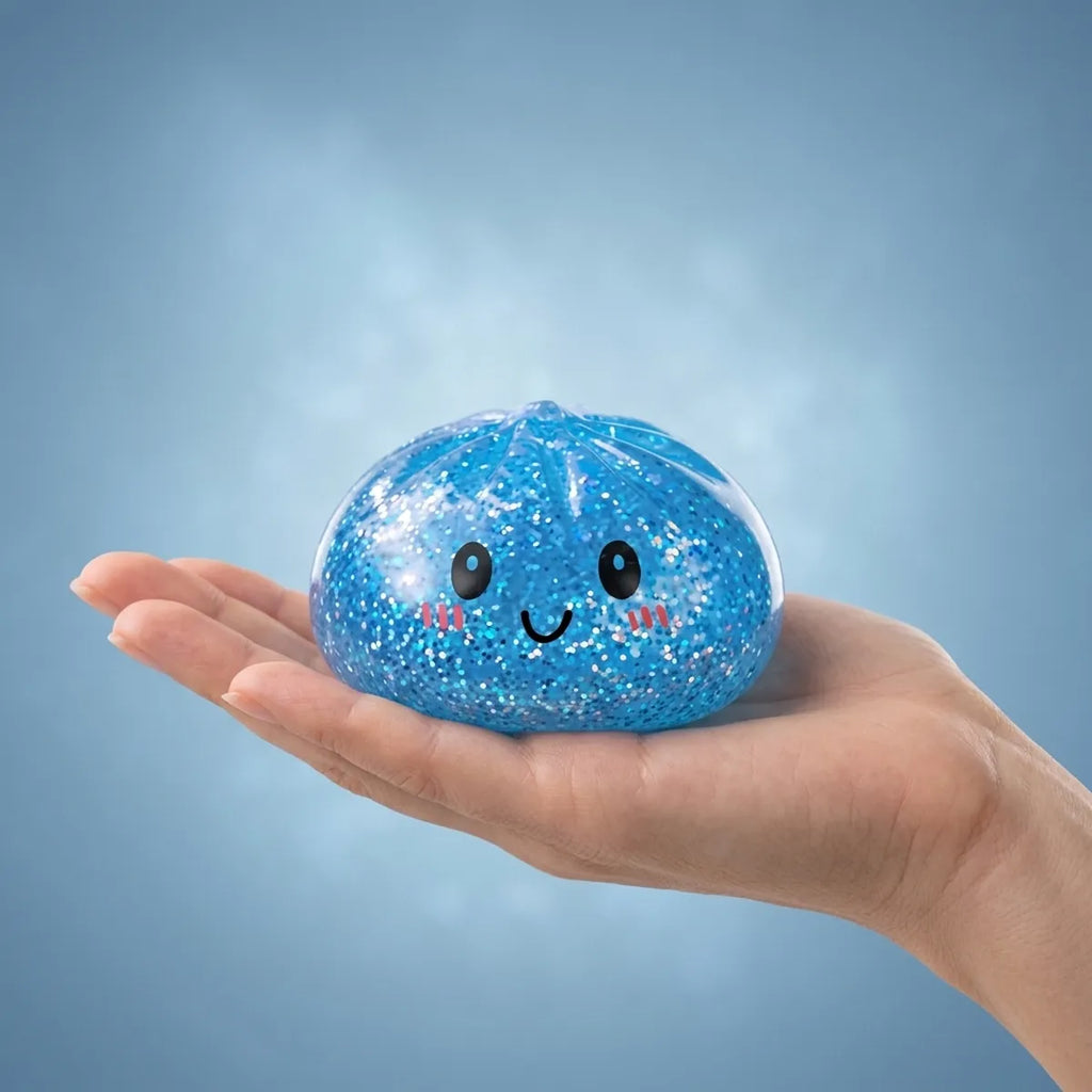 Squishy Dumpling Bleu à Paillettes — tenu à la main