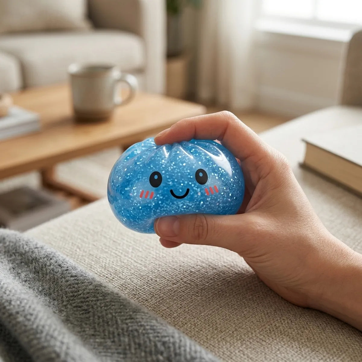 Squishy Dumpling Bleu à Paillettes — en cours d'utilisation