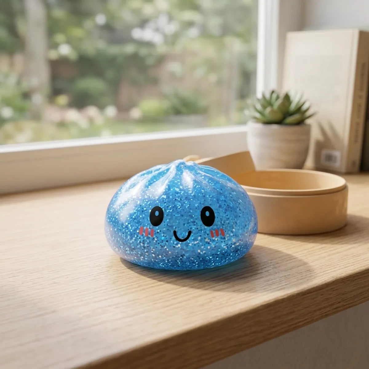 Squishy Dumpling Bleu à Paillettes — posé sur un bureau