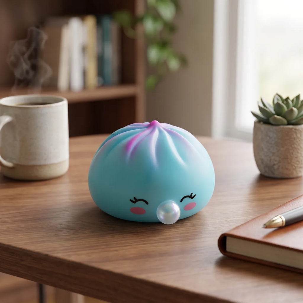 Squishy Dumpling Bubble Bleu Givré — posé sur un bureau