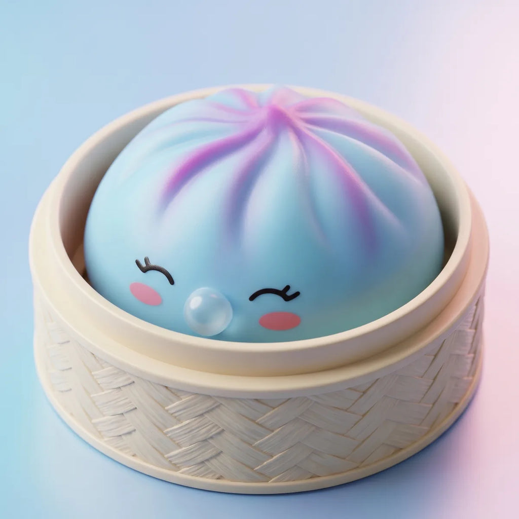Squishy Dumpling Bubble Bleu Givré — dans son panier vapeur en bambou