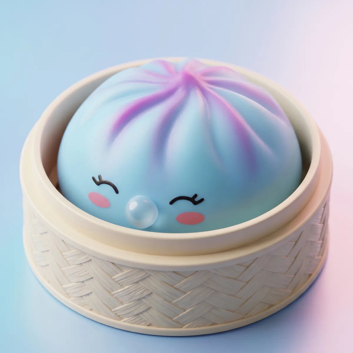 Squishy Dumpling Bubble Bleu Givré — dans son panier vapeur en bambou