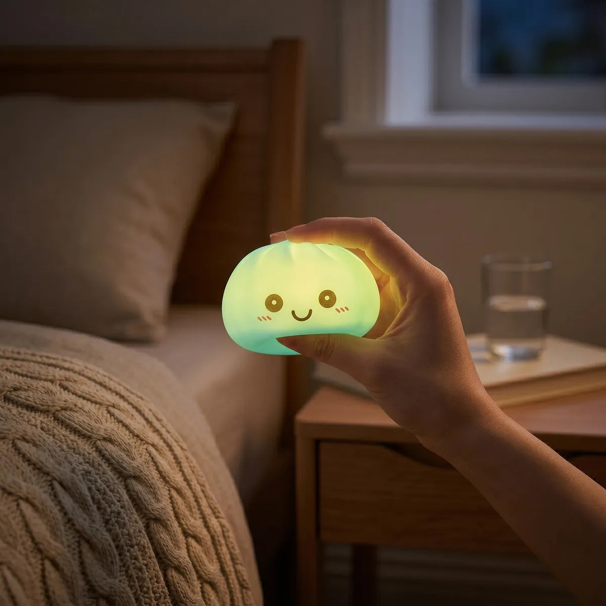 Veilleuse Squishy Dumpling Bleue — allumée dans l'obscurité