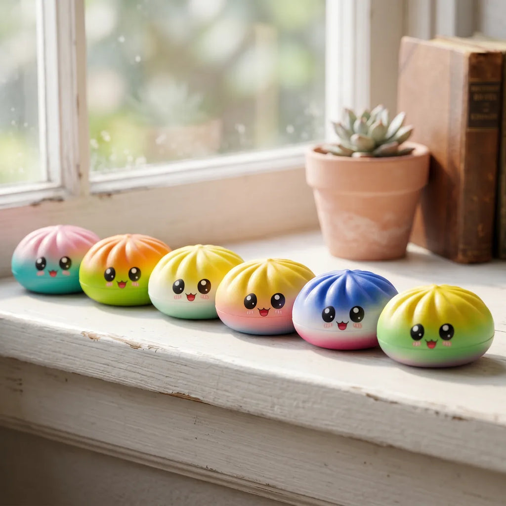 Squishy Dumpling Mystère Visage Kawaii — dans son panier vapeur en bambou