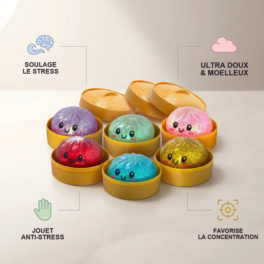 Coffret 6 Squishy Dumpling à Paillettes — guide des tailles, comparaison avec une main