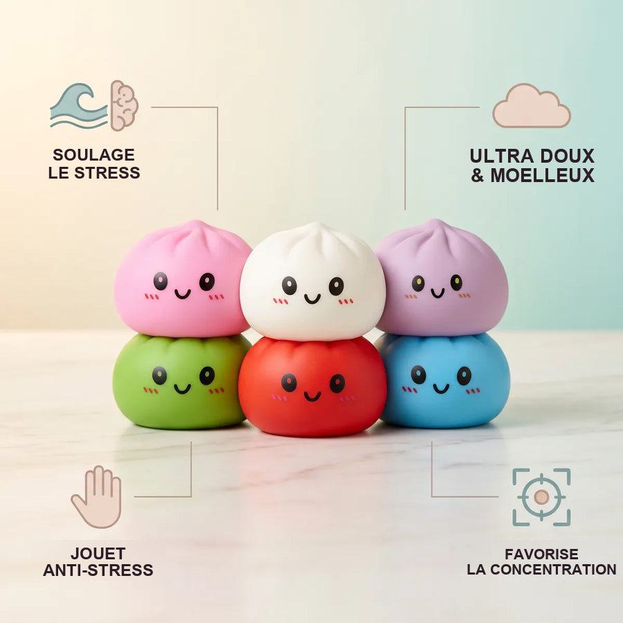 Coffret 6 Squishy Dumpling Unis — guide des tailles, comparaison avec une main