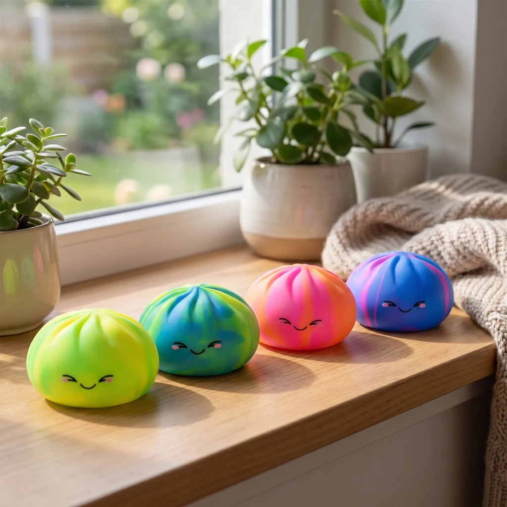 Squishy Dumpling Arc-en-ciel — dans son panier vapeur en bambou