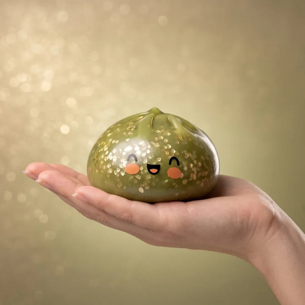 Squishy Dumpling Vert Émeraude Pailleté — tenu dans la main