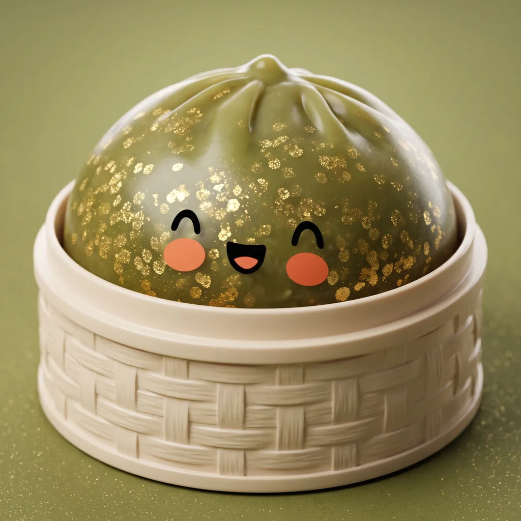 Squishy Dumpling Vert Émeraude Pailleté — dans son panier vapeur en bambou