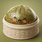 Squishy Dumpling Vert Émeraude Pailleté — dans son panier vapeur en bambou