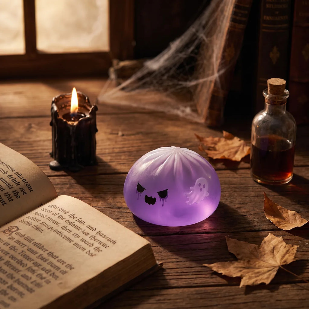 Squishy Dumpling Fantôme Violet — dans un décor d'Halloween