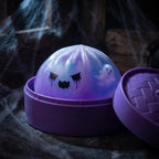 Squishy Dumpling Fantôme Violet — dans son panier vapeur en bambou