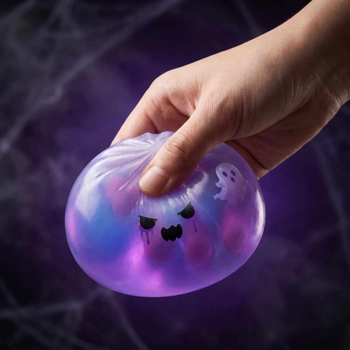 Squishy Dumpling Fantôme Violet — pressé entre les doigts