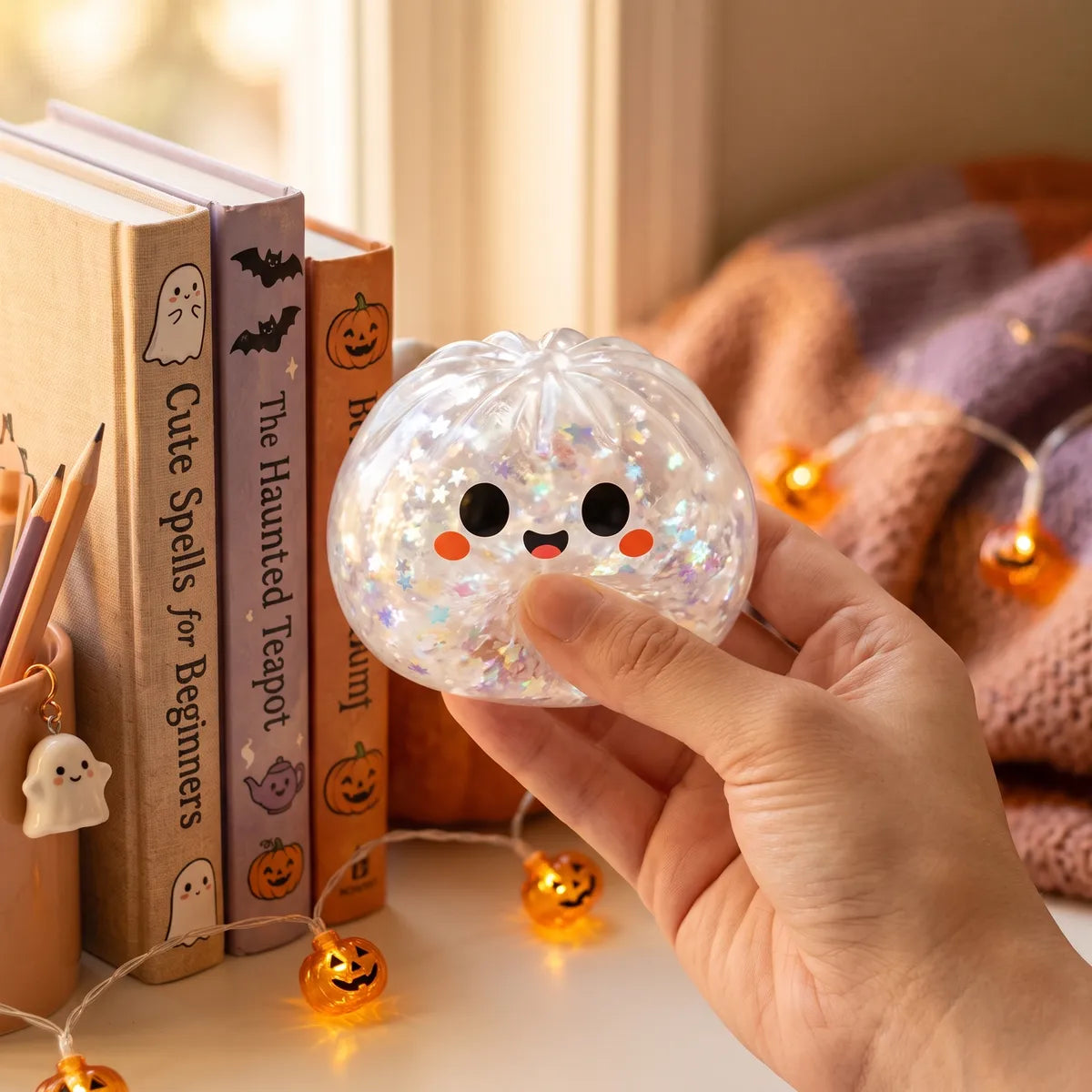 Squishy Dumpling Fantôme irisé — Halloween — manipulé entre les doigts