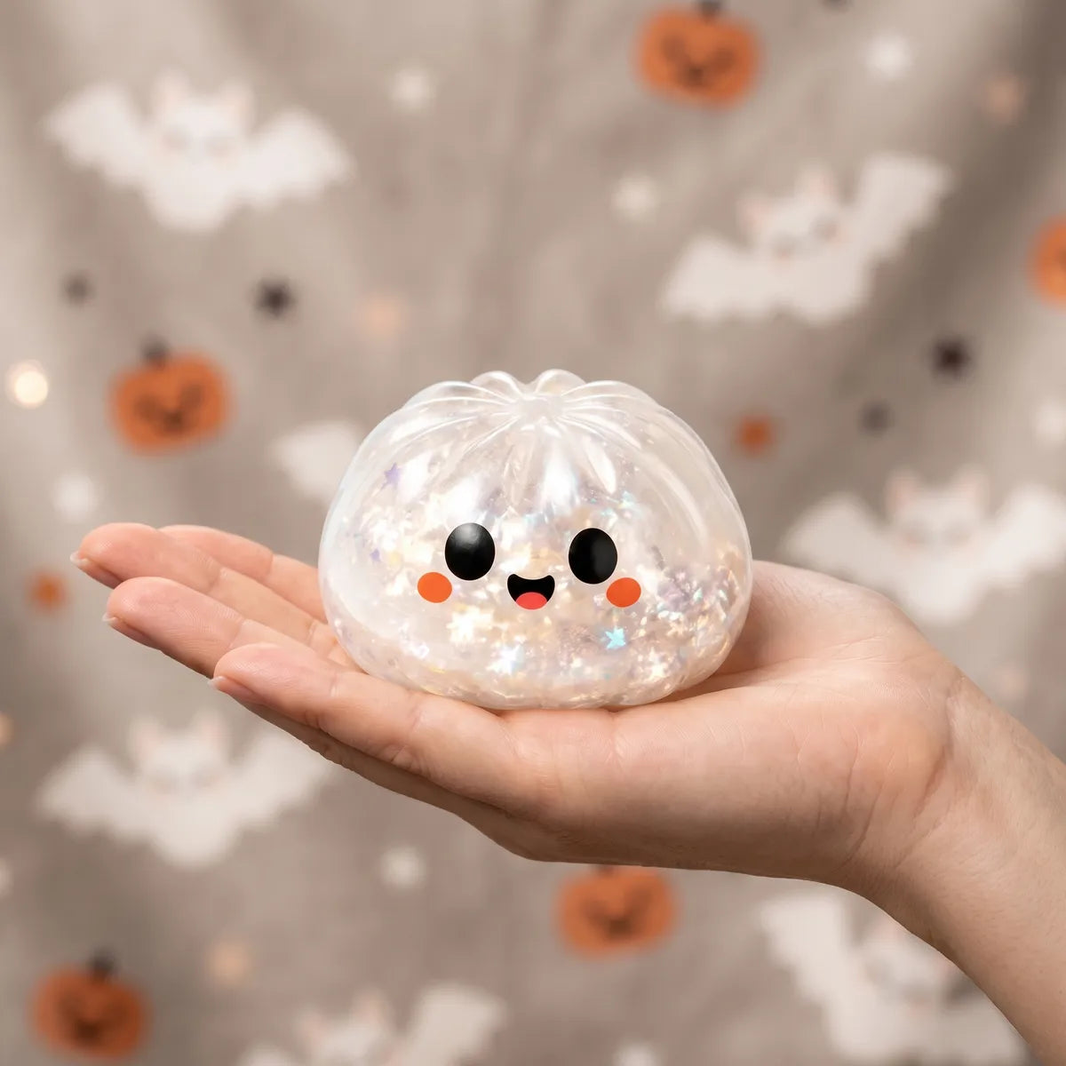 Squishy Dumpling Fantôme irisé — Halloween — tenu dans la main, échelle réelle