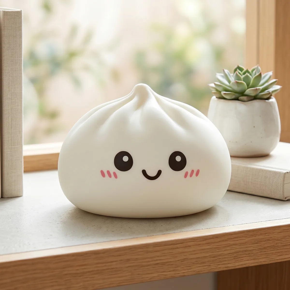 Squishy Dumpling Géant 25 cm — posé dans un panier vapeur en bambou