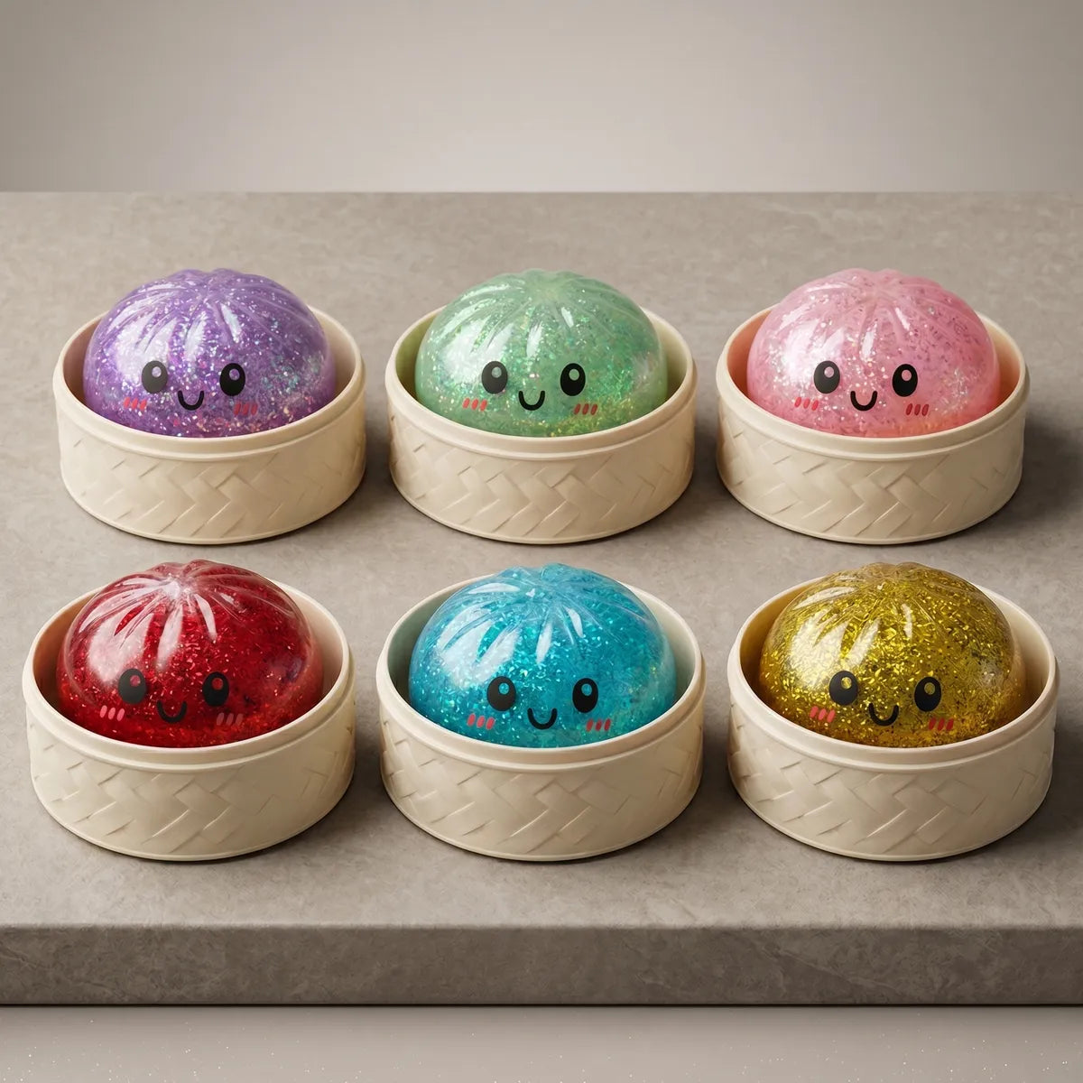 Coffret 6 Squishy Dumpling à Paillettes — macro de la surface