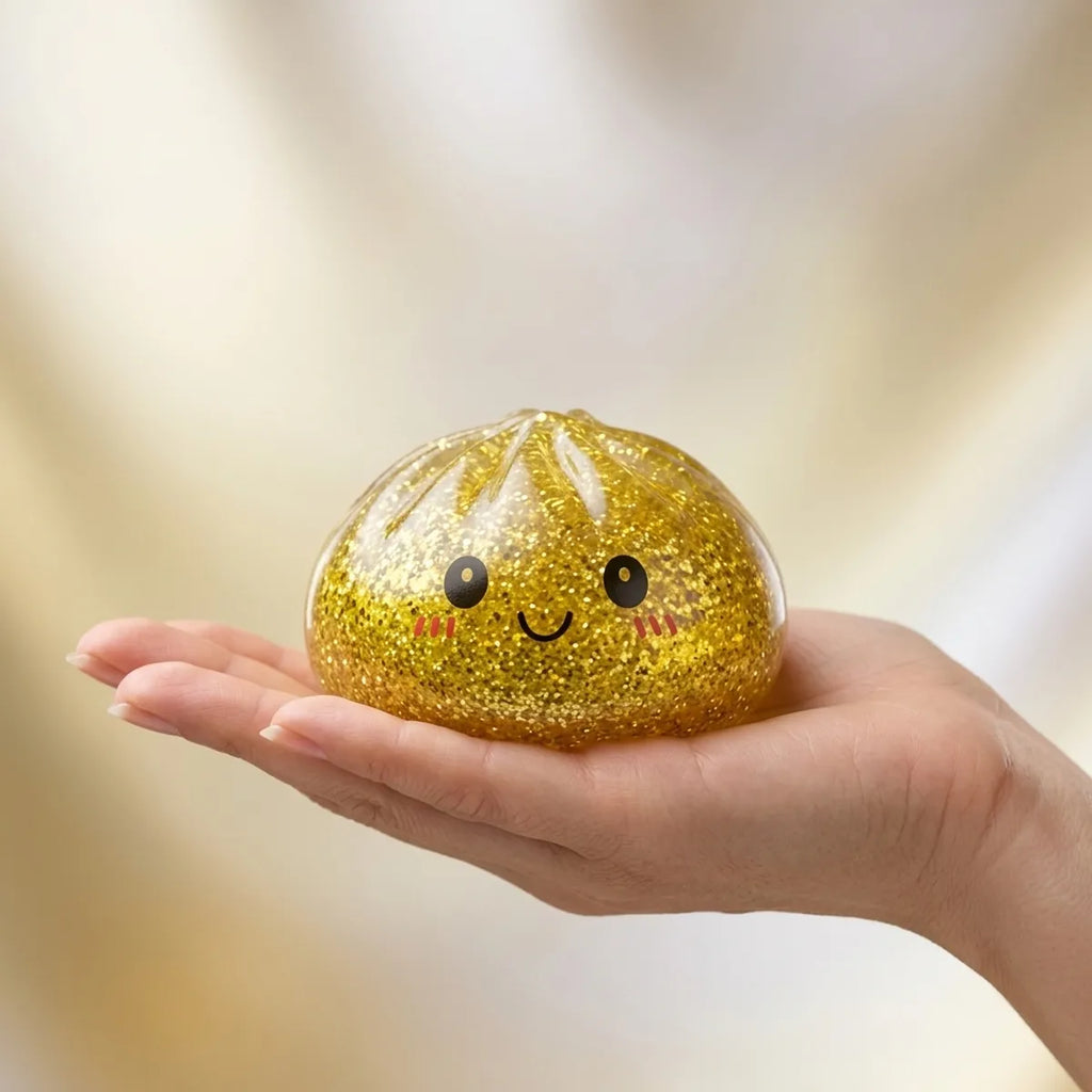 Squishy Dumpling Doré à Paillettes — tenu à la main