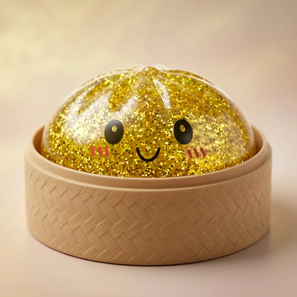 Squishy Dumpling Doré à Paillettes — posé dans son panier vapeur en bambou