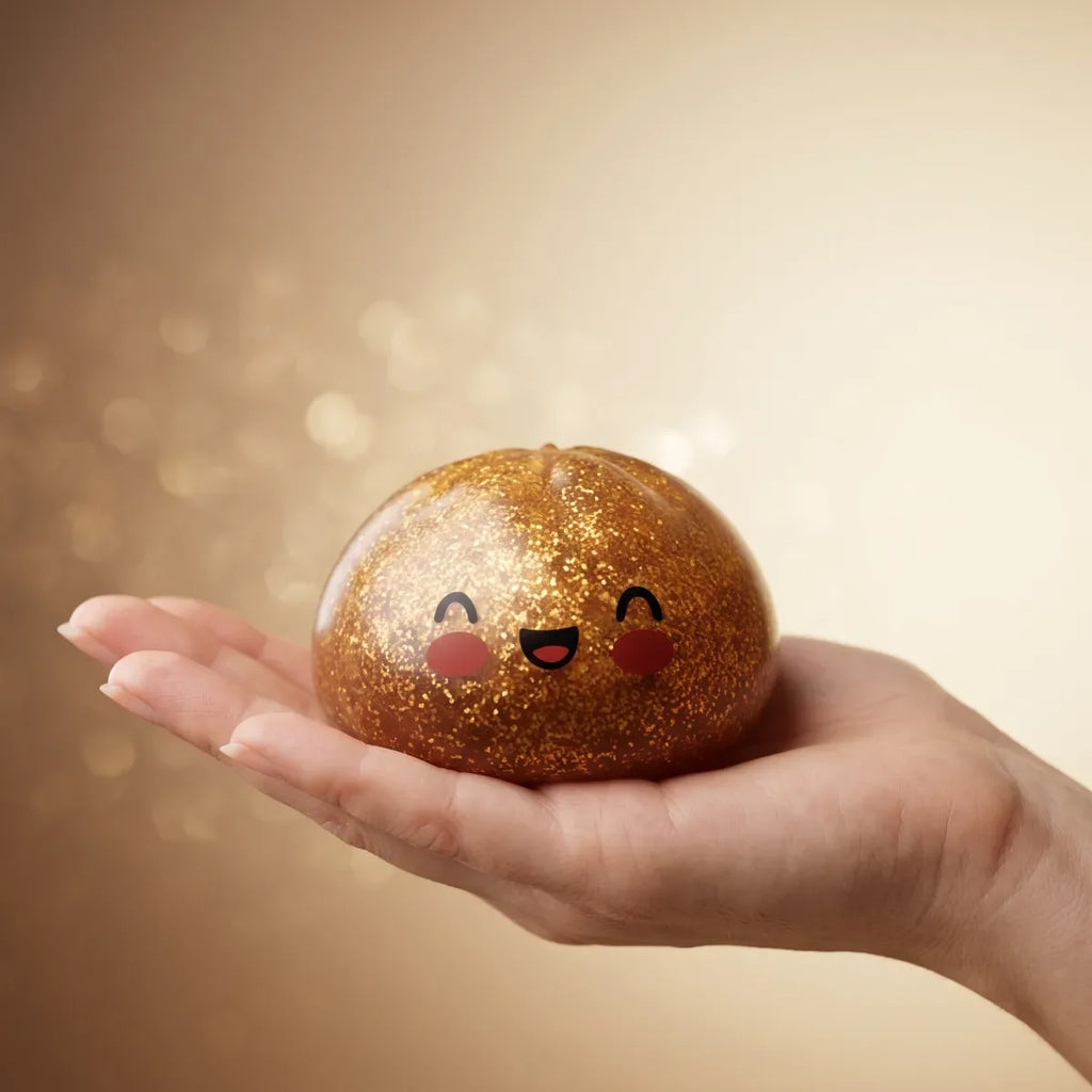 Squishy Dumpling Trésor Doré — tenu dans la main