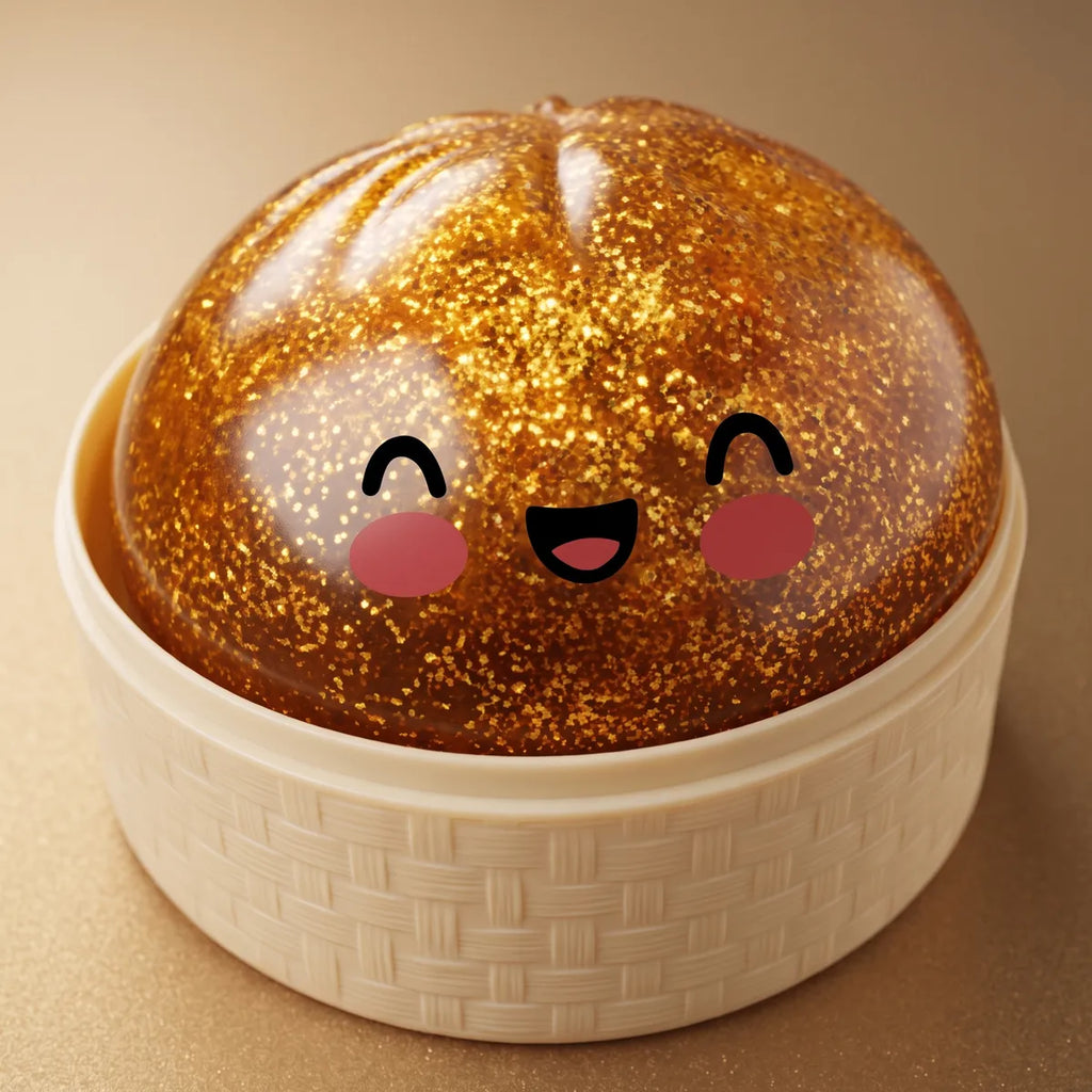 Squishy Dumpling Trésor Doré — dans son panier vapeur en bambou