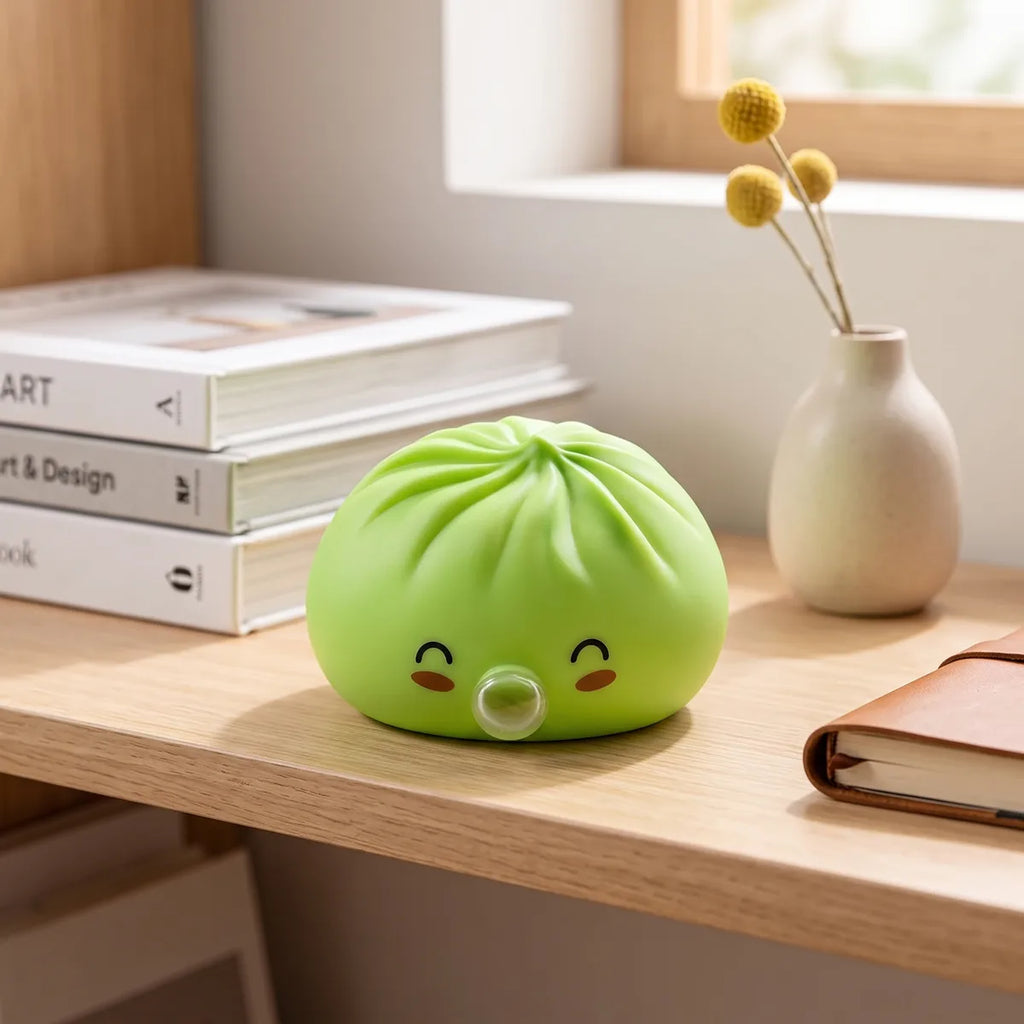 Squishy Dumpling Bubble Vert Jade — posé sur un bureau