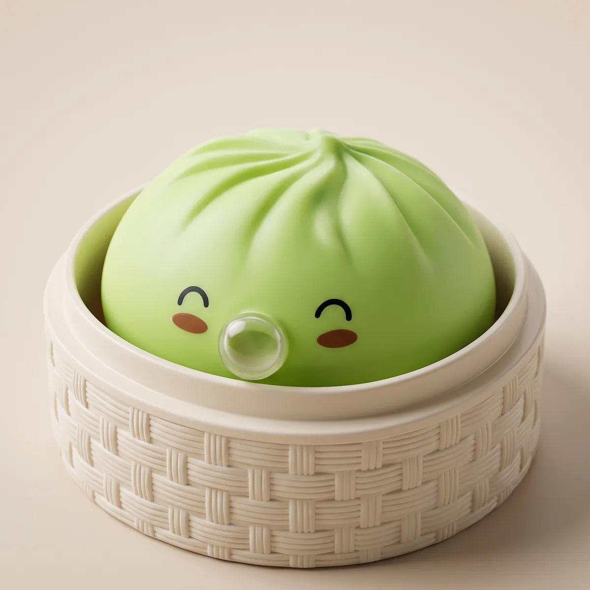Squishy Dumpling Bubble Vert Jade — dans son panier vapeur en bambou