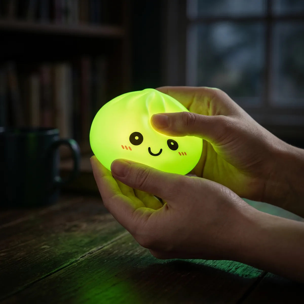 Veilleuse Squishy Dumpling Verte — allumée dans l'obscurité