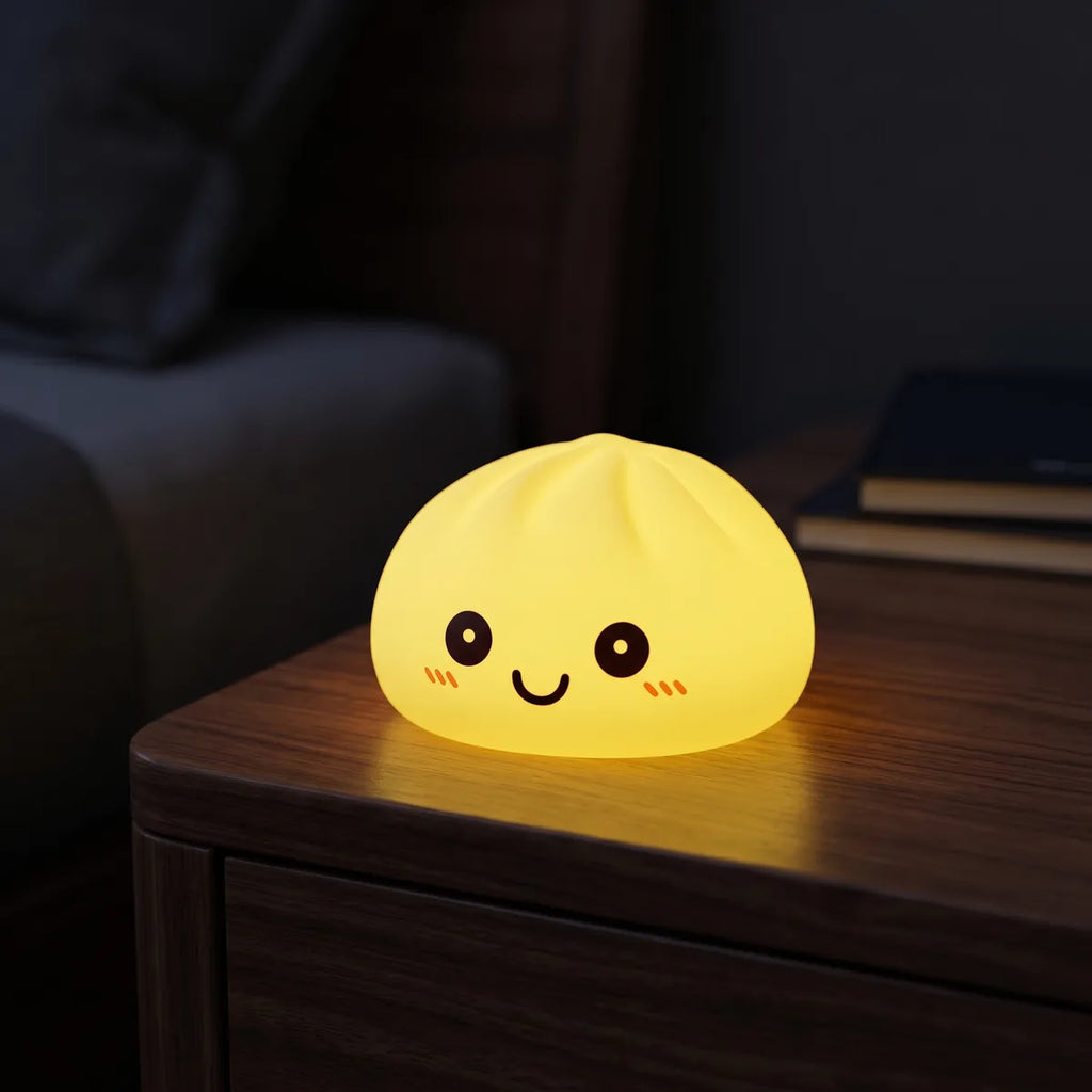 Veilleuse Squishy Dumpling Verte — dans son panier vapeur en bambou