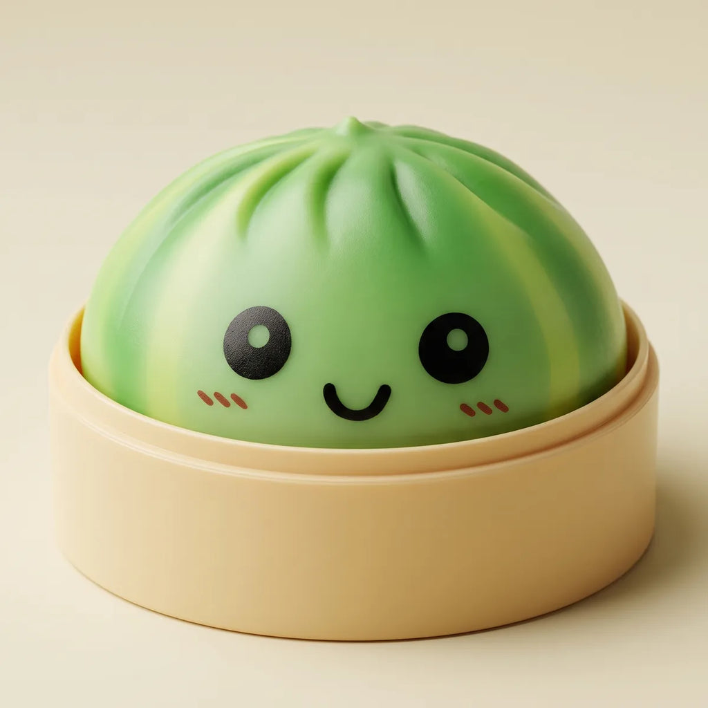 Squishy Dumpling Tie & Dye Vert Bleu — dans son panier vapeur en bambou