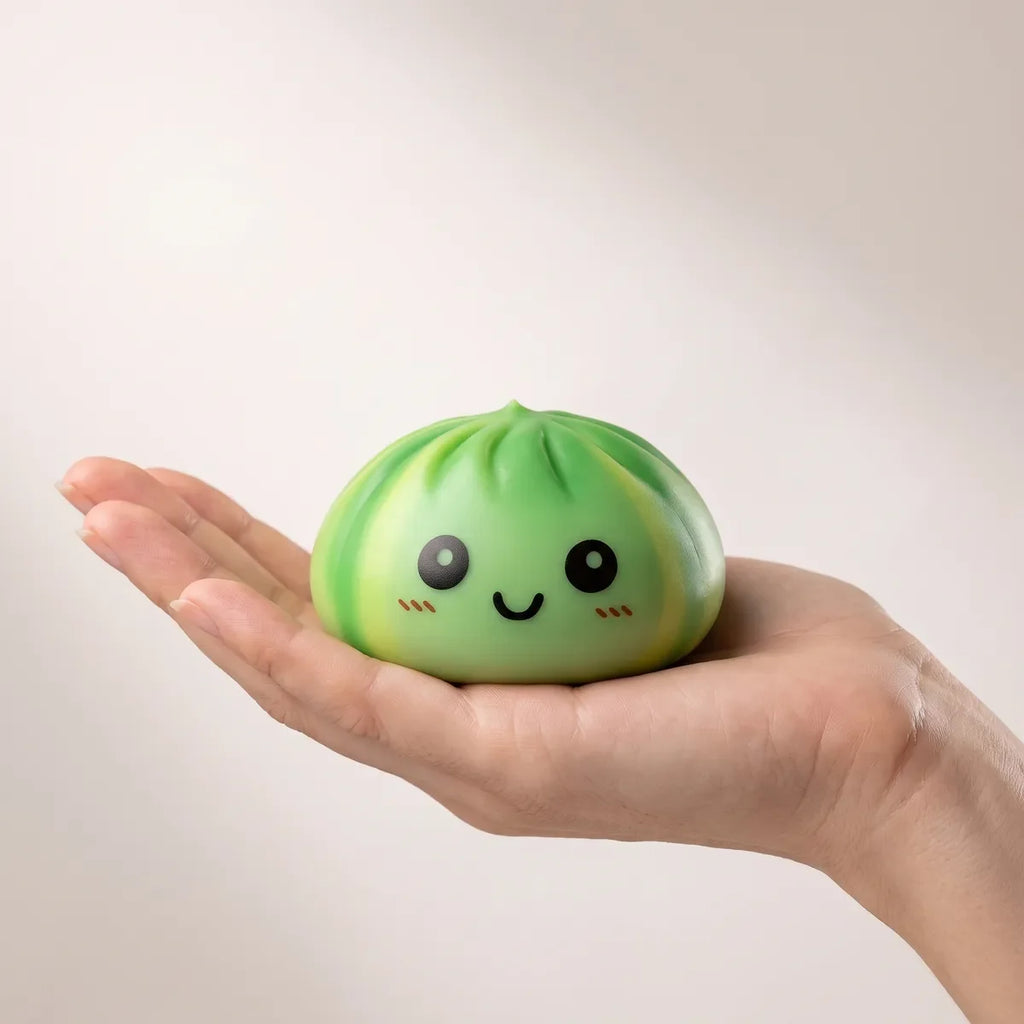 Squishy Dumpling Tie & Dye Vert Bleu — tenu dans la main, échelle réelle