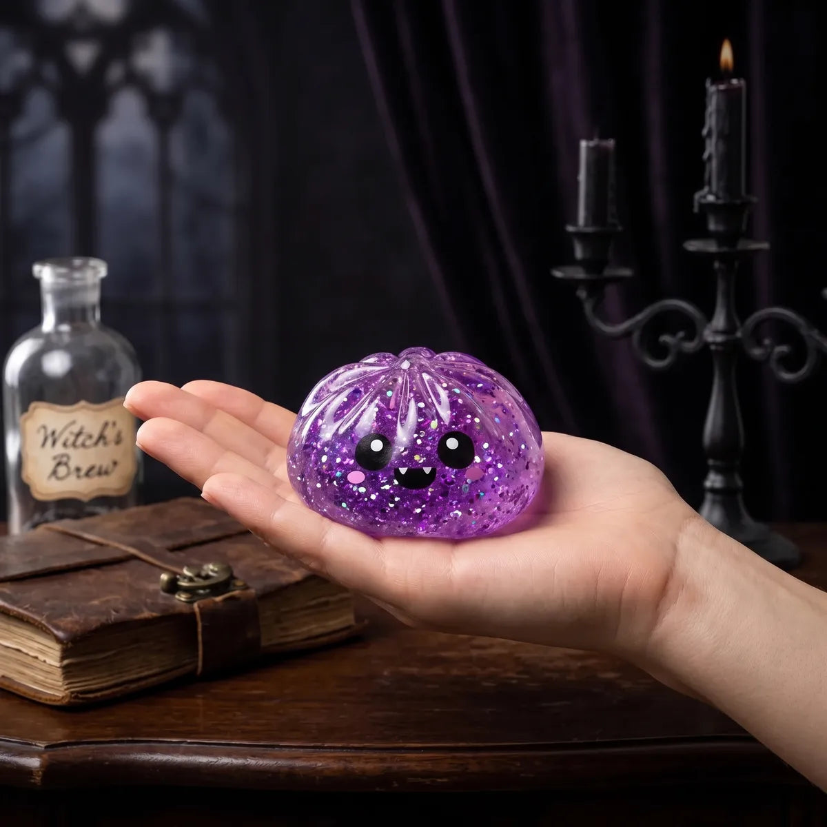 Coffret Squishy Dumpling Halloween 5 pièces — tenu dans la main, échelle réelle
