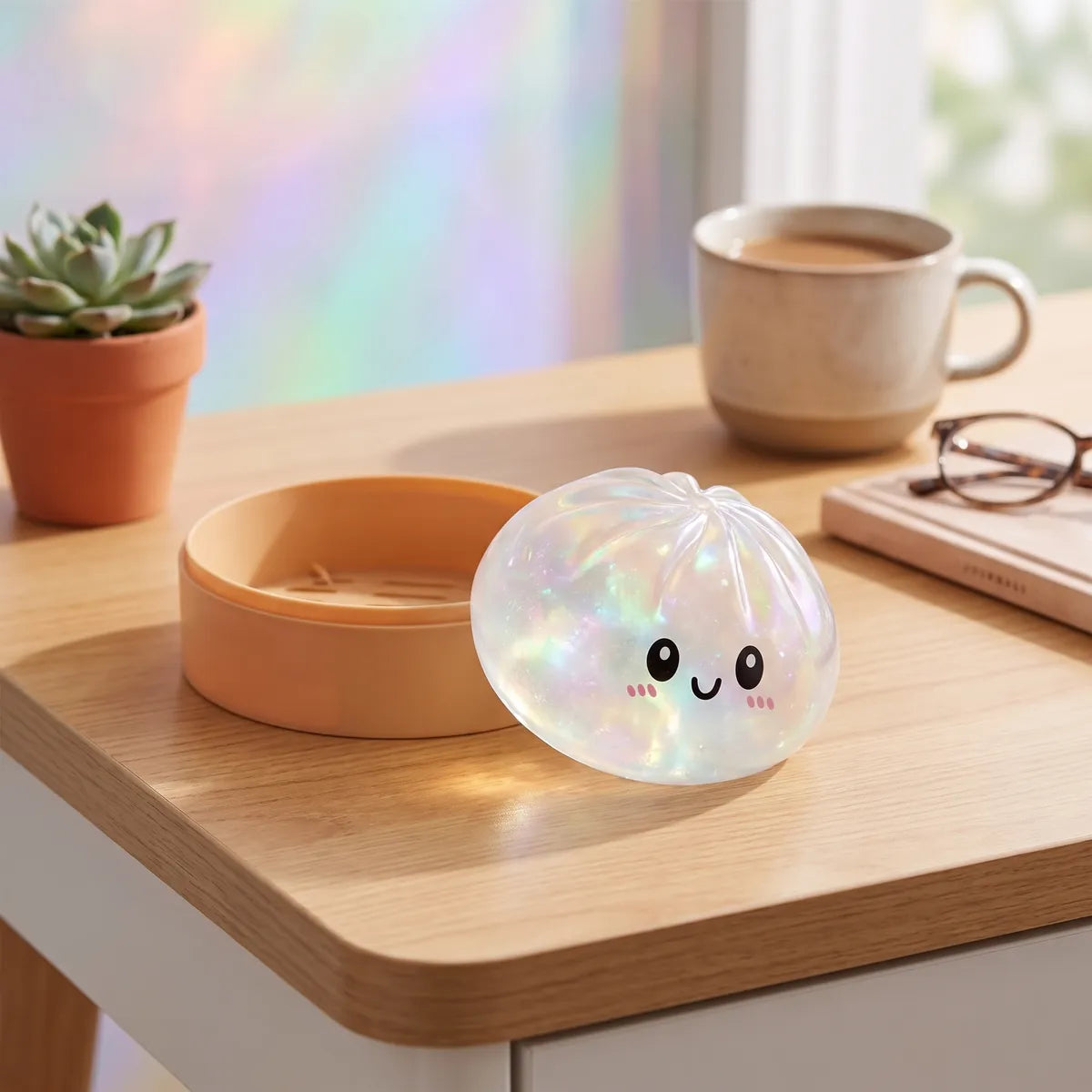 Squishy Dumpling Holographique — posé sur un bureau