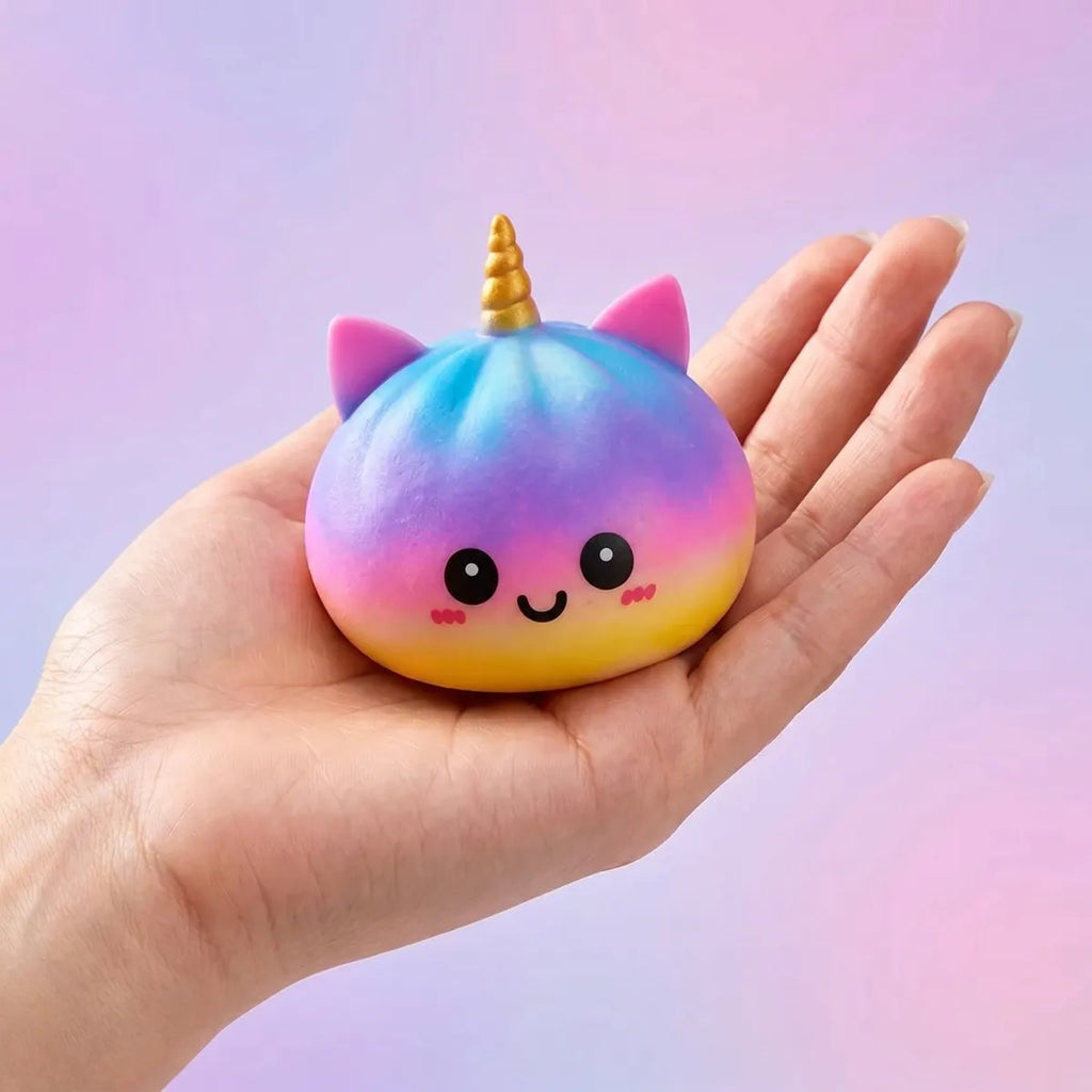 Squishy Dumpling Licorne Arc-en-ciel Jumbo — tenu dans la main