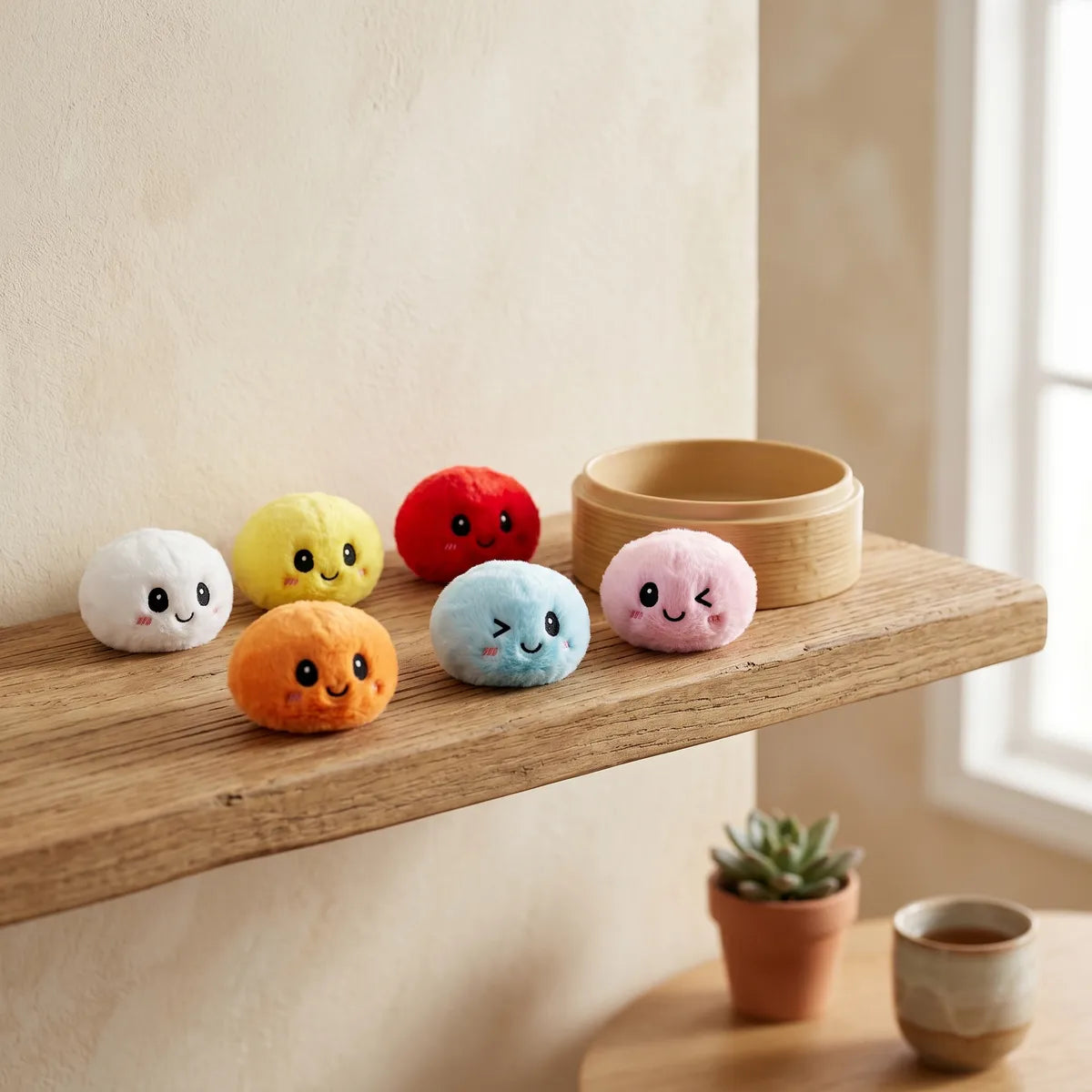 Coffret 6 Porte-clés Squishy Dumpling — posé dans un panier vapeur en bambou