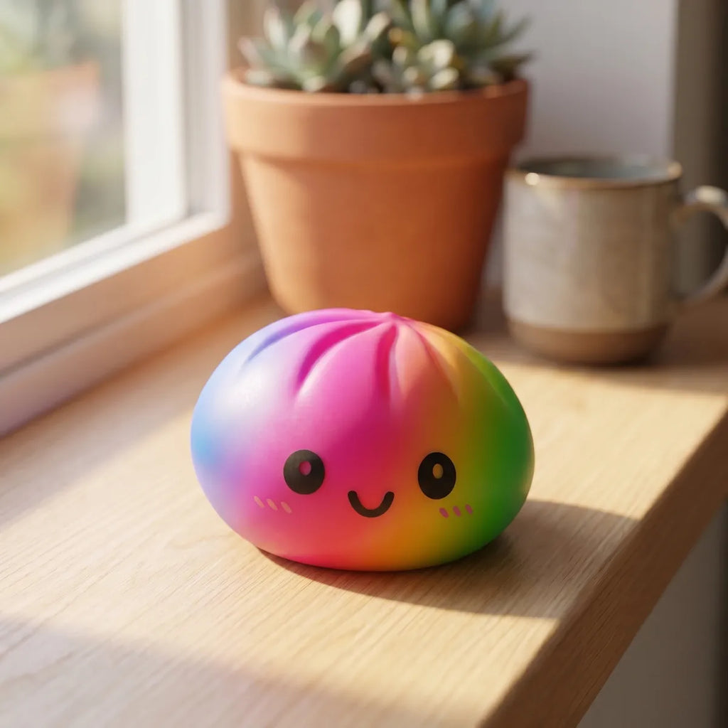 Squishy Dumpling Arc-en-ciel 15 cm — présenté sur une étagère