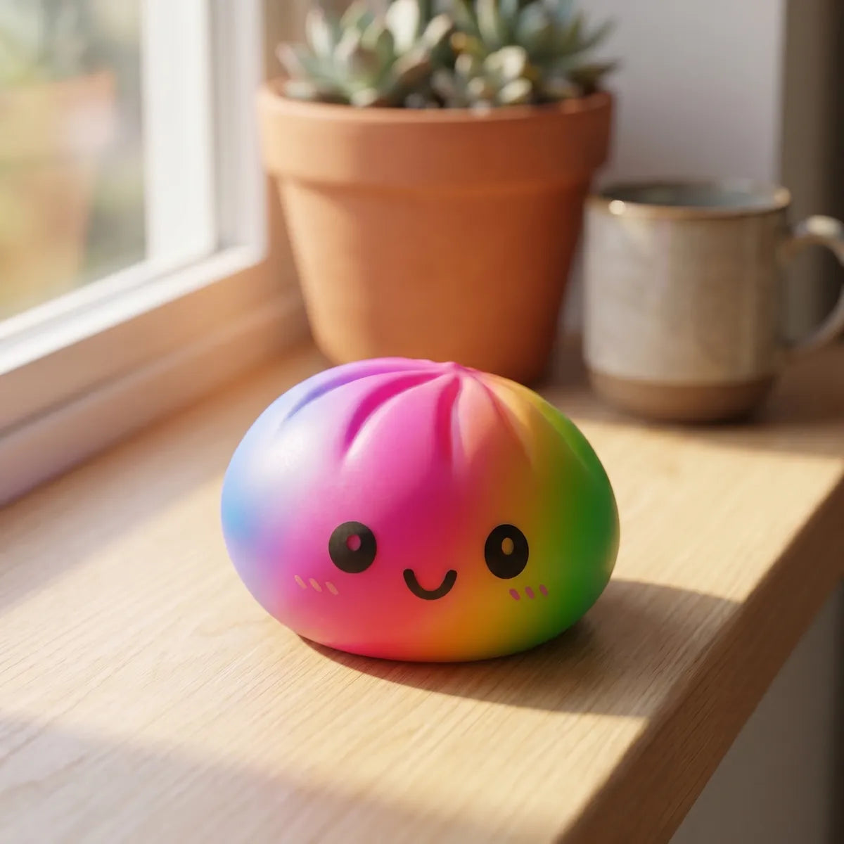 Squishy Dumpling Arc-en-ciel 15 cm — présenté sur une étagère
