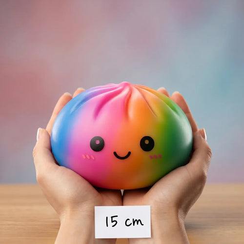 Squishy Dumpling Arc-en-ciel 15 cm — tenu dans la main