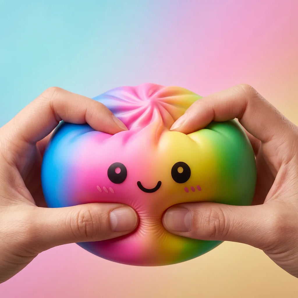 Squishy Dumpling Arc-en-ciel 15 cm — pressé entre les doigts