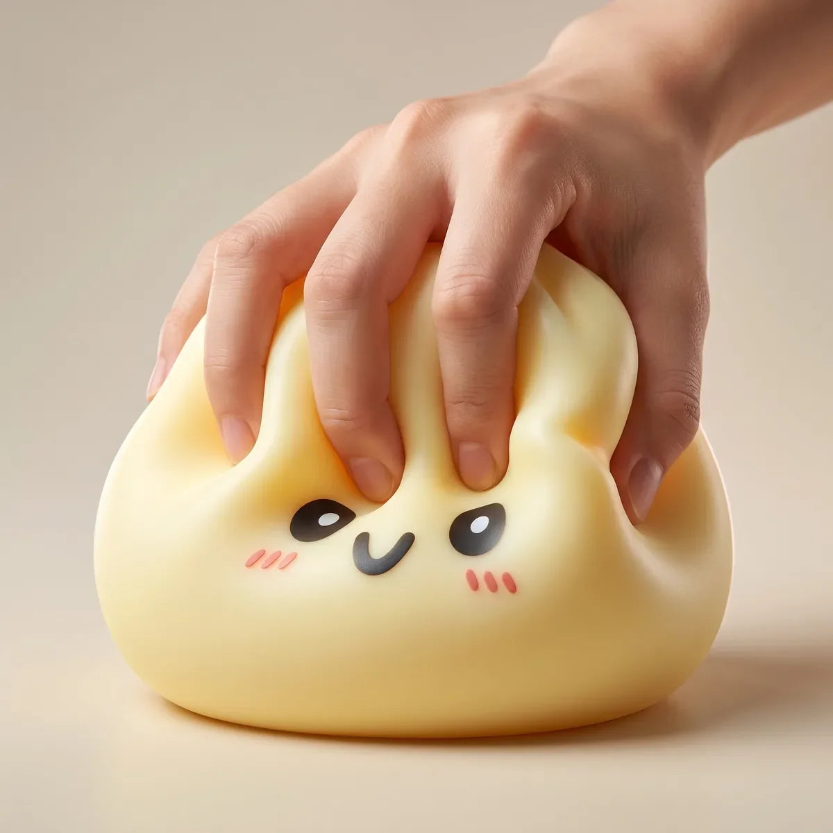 Squishy Dumpling Jaune 15 cm — pendant la remontée lente de la pâte