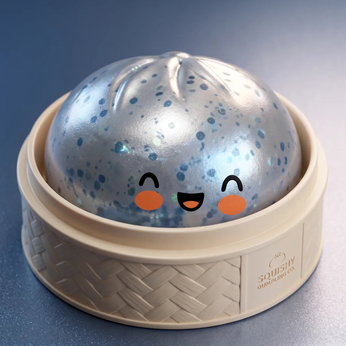 Squishy Dumpling Bleu Glacé Pailleté — dans son panier vapeur en bambou