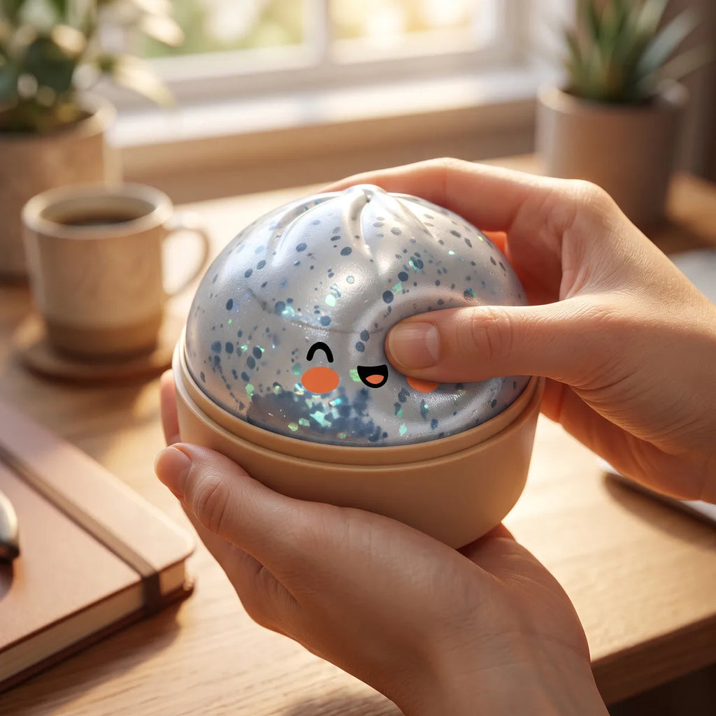 Squishy Dumpling Bleu Glacé Pailleté — utilisé comme anti-stress