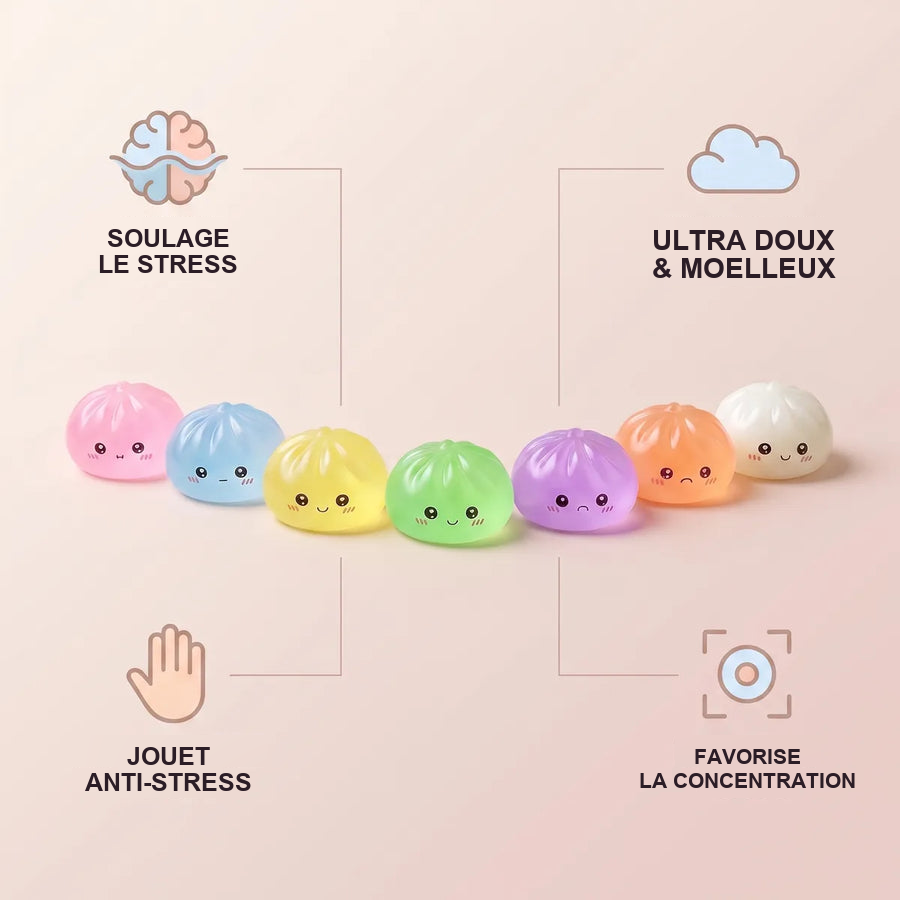 Lot de 7 Mini Squishy Dumpling Sucre — guide des tailles, comparaison avec une main