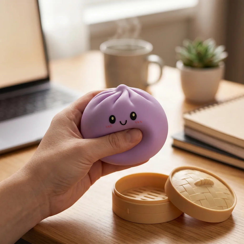 Squishy Dumpling Magenta Fruits Rouges — posé sur un bureau