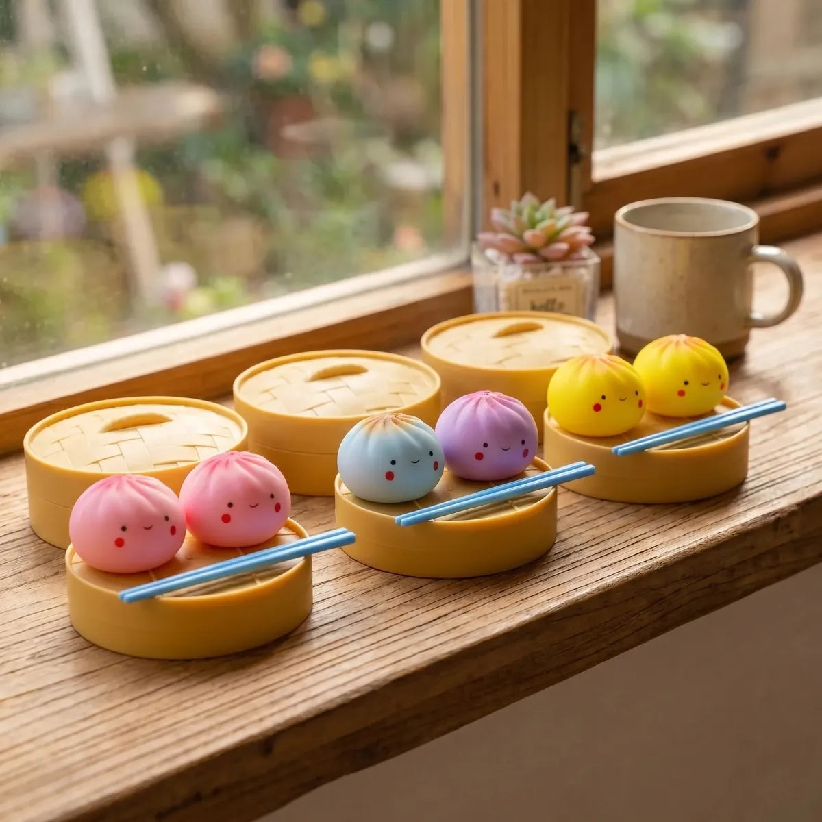 Coffret 24 Squishy Dumpling Mini Mystère — dans son panier vapeur en bambou