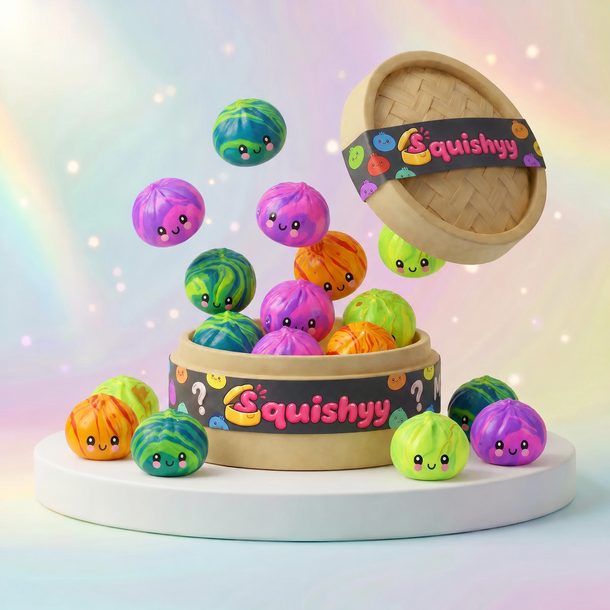 Mini Squishy Dumpling Mystère Tie & Dye — vu de face sur fond neutre