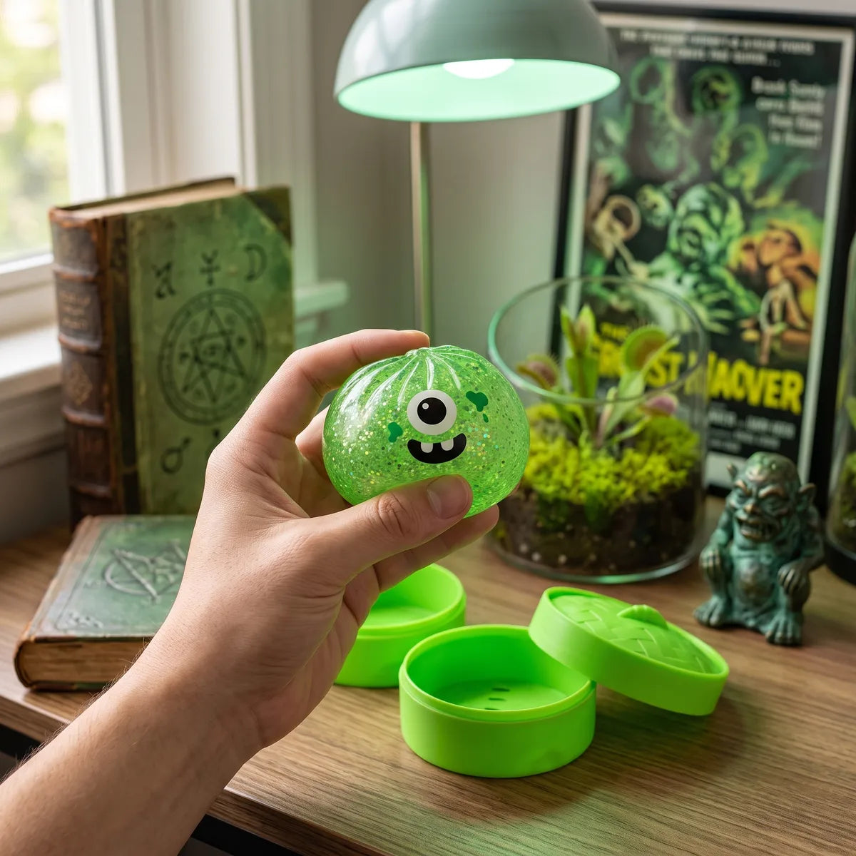 Squishy Dumpling Monstre vert à un œil — Halloween — manipulé entre les doigts